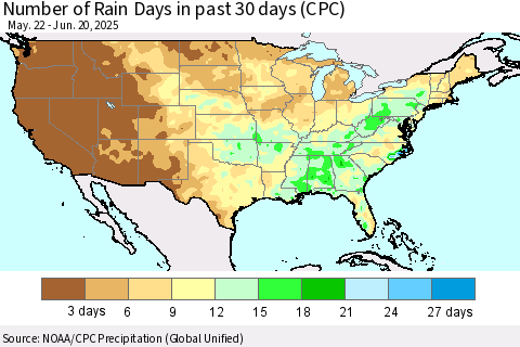 United States Number of Rain Days in past 30 days (CPC) Thematic Map For 6/16/2025 - 6/20/2025