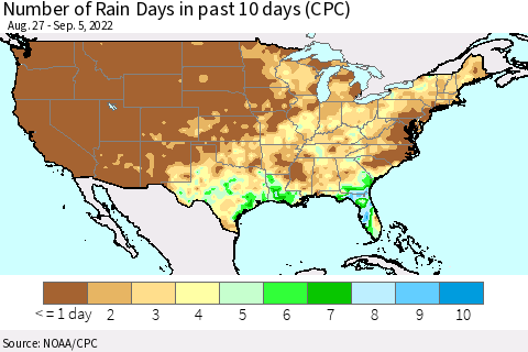 United States Number of Rain Days in past 10 days (CPC) Thematic Map For 9/1/2022 - 9/5/2022