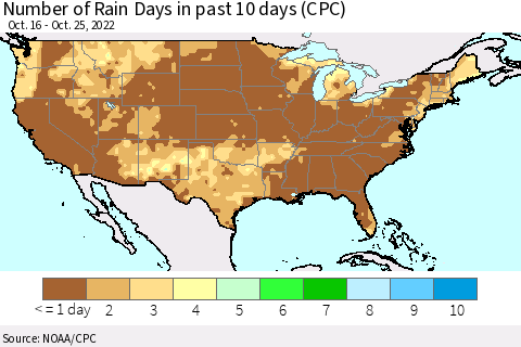 United States Number of Rain Days in past 10 days (CPC) Thematic Map For 10/21/2022 - 10/25/2022