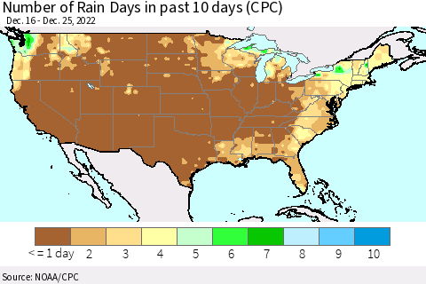 United States Number of Rain Days in past 10 days (CPC) Thematic Map For 12/21/2022 - 12/25/2022