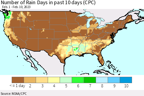 United States Number of Rain Days in past 10 days (CPC) Thematic Map For 2/6/2023 - 2/10/2023