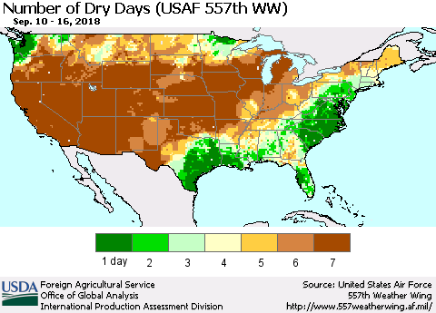 United States Number of Dry Days (USAF 557th WW) Thematic Map For 9/10/2018 - 9/16/2018