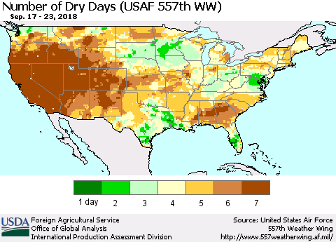 United States Number of Dry Days (USAF 557th WW) Thematic Map For 9/17/2018 - 9/23/2018