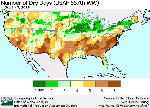 United States Number of Dry Days (USAF 557th WW) Thematic Map For 10/1/2018 - 10/7/2018