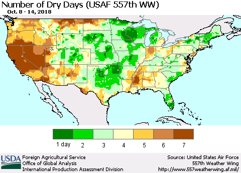 United States Number of Dry Days (USAF 557th WW) Thematic Map For 10/8/2018 - 10/14/2018