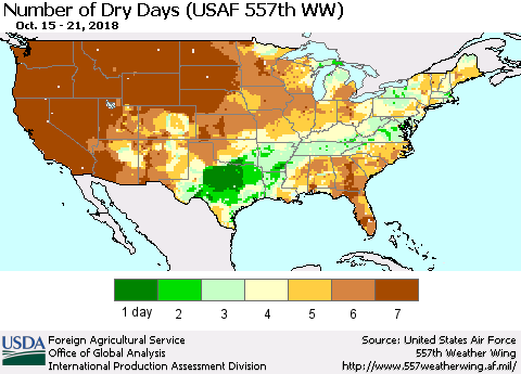 United States Number of Dry Days (USAF 557th WW) Thematic Map For 10/15/2018 - 10/21/2018