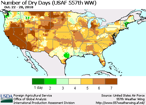 United States Number of Dry Days (USAF 557th WW) Thematic Map For 10/22/2018 - 10/28/2018
