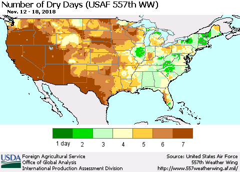 United States Number of Dry Days (USAF 557th WW) Thematic Map For 11/12/2018 - 11/18/2018