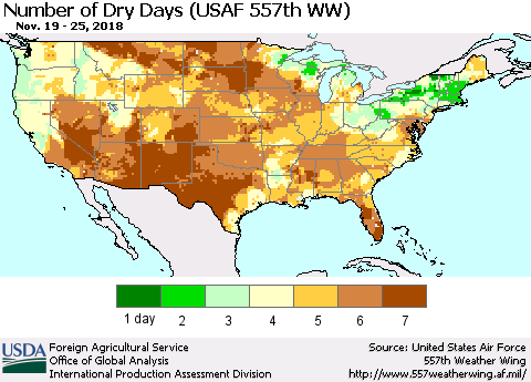 United States Number of Dry Days (USAF 557th WW) Thematic Map For 11/19/2018 - 11/25/2018