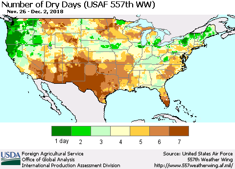 United States Number of Dry Days (USAF 557th WW) Thematic Map For 11/26/2018 - 12/2/2018