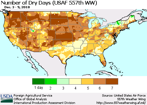 United States Number of Dry Days (USAF 557th WW) Thematic Map For 12/3/2018 - 12/9/2018