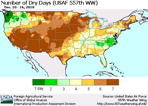 United States Number of Dry Days (USAF 557th WW) Thematic Map For 12/10/2018 - 12/16/2018