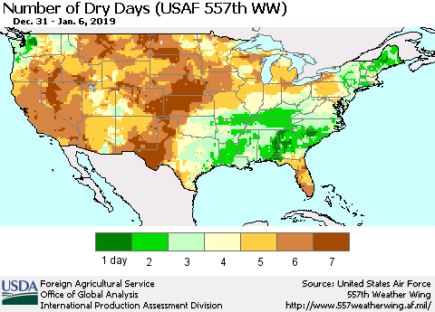 United States Number of Dry Days (USAF 557th WW) Thematic Map For 12/31/2018 - 1/6/2019