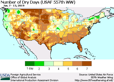 United States Number of Dry Days (USAF 557th WW) Thematic Map For 1/7/2019 - 1/13/2019