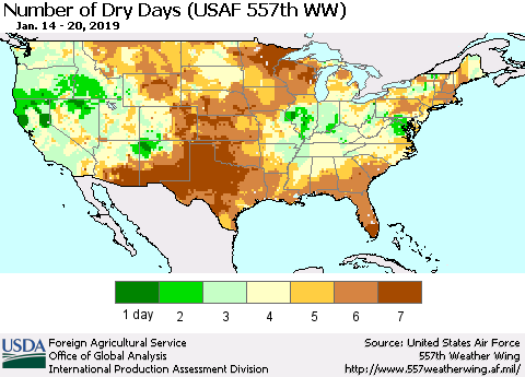 United States Number of Dry Days (USAF 557th WW) Thematic Map For 1/14/2019 - 1/20/2019