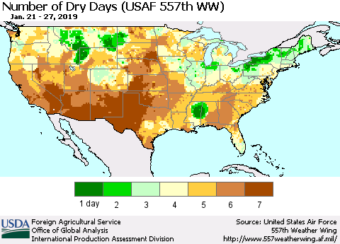 United States Number of Dry Days (USAF 557th WW) Thematic Map For 1/21/2019 - 1/27/2019