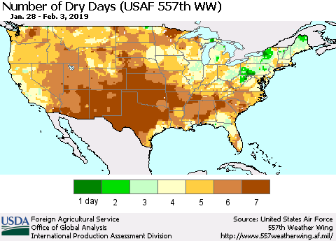 United States Number of Dry Days (USAF 557th WW) Thematic Map For 1/28/2019 - 2/3/2019
