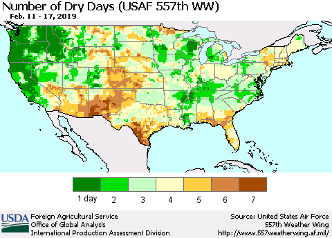 United States Number of Dry Days (USAF 557th WW) Thematic Map For 2/11/2019 - 2/17/2019