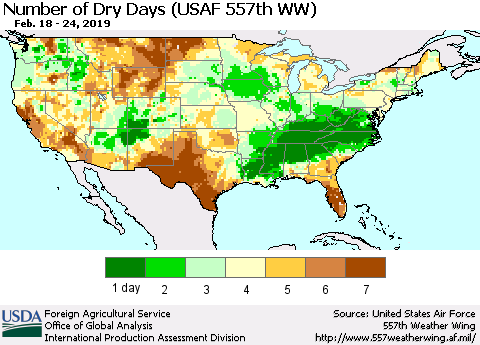 United States Number of Dry Days (USAF 557th WW) Thematic Map For 2/18/2019 - 2/24/2019