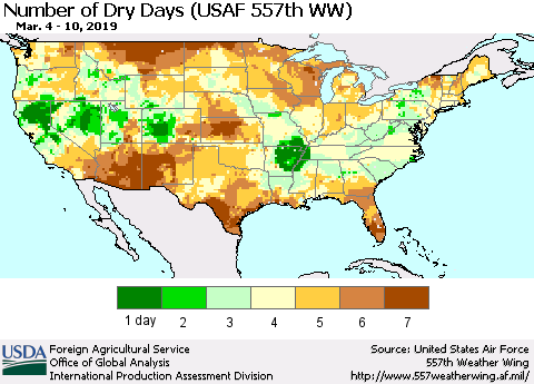 United States Number of Dry Days (USAF 557th WW) Thematic Map For 3/4/2019 - 3/10/2019