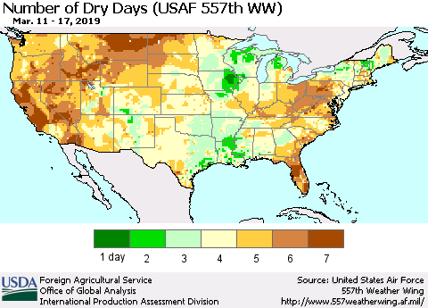 United States Number of Dry Days (USAF 557th WW) Thematic Map For 3/11/2019 - 3/17/2019