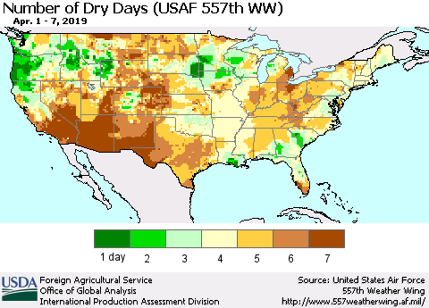 United States Number of Dry Days (USAF 557th WW) Thematic Map For 4/1/2019 - 4/7/2019