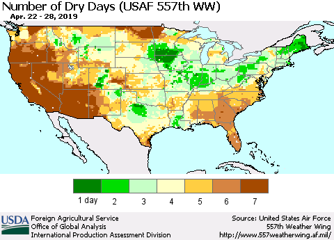 United States Number of Dry Days (USAF 557th WW) Thematic Map For 4/22/2019 - 4/28/2019