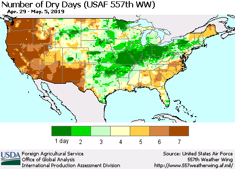 United States Number of Dry Days (USAF 557th WW) Thematic Map For 4/29/2019 - 5/5/2019