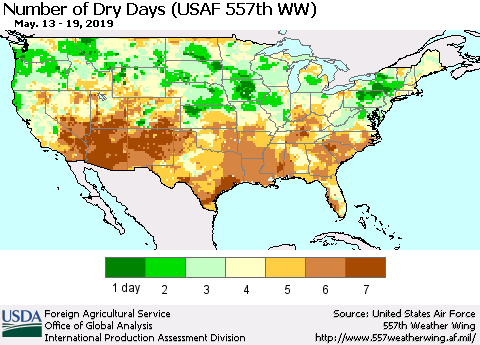 United States Number of Dry Days (USAF 557th WW) Thematic Map For 5/13/2019 - 5/19/2019