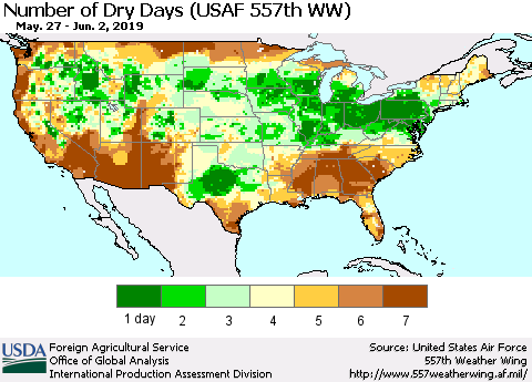 United States Number of Dry Days (USAF 557th WW) Thematic Map For 5/27/2019 - 6/2/2019
