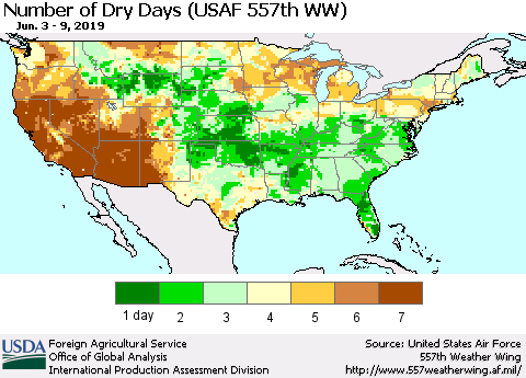 United States Number of Dry Days (USAF 557th WW) Thematic Map For 6/3/2019 - 6/9/2019