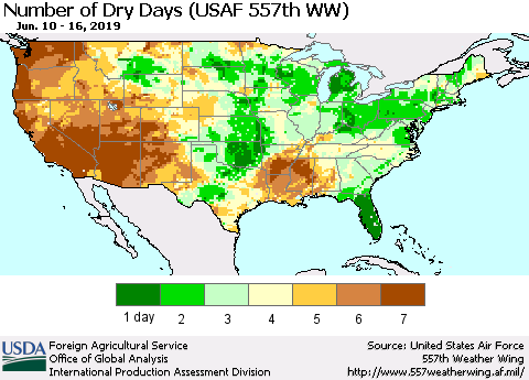 United States Number of Dry Days (USAF 557th WW) Thematic Map For 6/10/2019 - 6/16/2019
