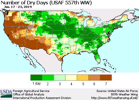 United States Number of Dry Days (USAF 557th WW) Thematic Map For 6/17/2019 - 6/23/2019