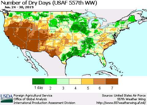 United States Number of Dry Days (USAF 557th WW) Thematic Map For 6/24/2019 - 6/30/2019