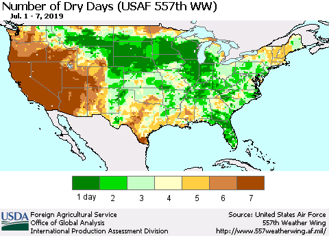 United States Number of Dry Days (USAF 557th WW) Thematic Map For 7/1/2019 - 7/7/2019