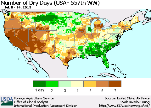 United States Number of Dry Days (USAF 557th WW) Thematic Map For 7/8/2019 - 7/14/2019
