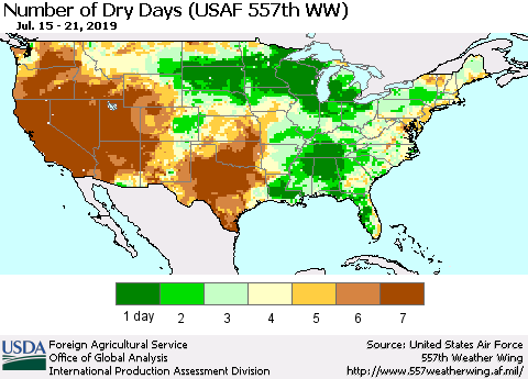 United States Number of Dry Days (USAF 557th WW) Thematic Map For 7/15/2019 - 7/21/2019