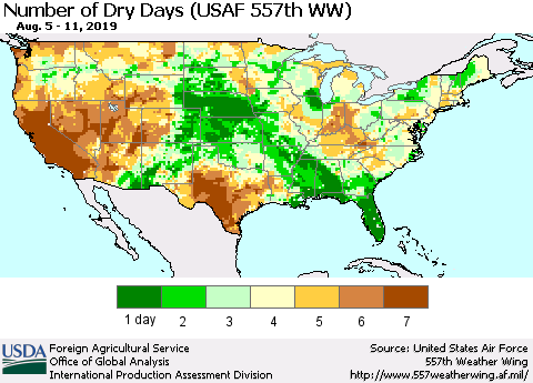 United States Number of Dry Days (USAF 557th WW) Thematic Map For 8/5/2019 - 8/11/2019