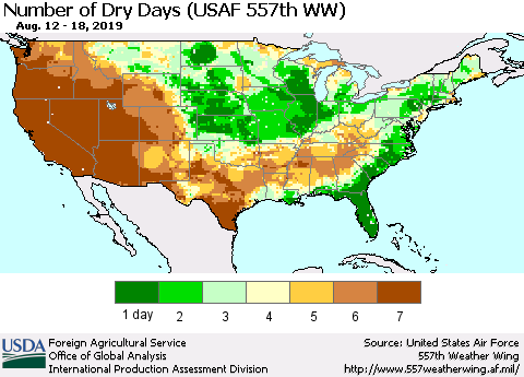 United States Number of Dry Days (USAF 557th WW) Thematic Map For 8/12/2019 - 8/18/2019