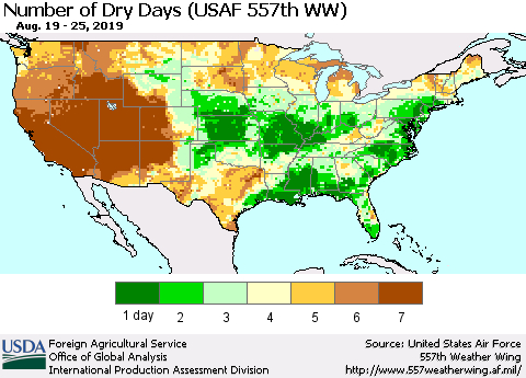 United States Number of Dry Days (USAF 557th WW) Thematic Map For 8/19/2019 - 8/25/2019