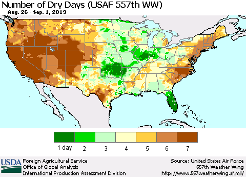United States Number of Dry Days (USAF 557th WW) Thematic Map For 8/26/2019 - 9/1/2019
