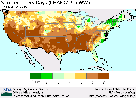 United States Number of Dry Days (USAF 557th WW) Thematic Map For 9/2/2019 - 9/8/2019