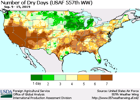 United States Number of Dry Days (USAF 557th WW) Thematic Map For 9/9/2019 - 9/15/2019