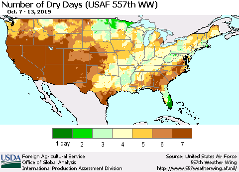 United States Number of Dry Days (USAF 557th WW) Thematic Map For 10/7/2019 - 10/13/2019