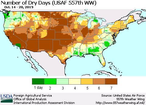 United States Number of Dry Days (USAF 557th WW) Thematic Map For 10/14/2019 - 10/20/2019