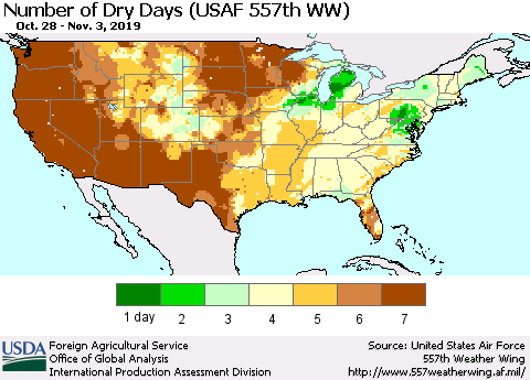 United States Number of Dry Days (USAF 557th WW) Thematic Map For 10/28/2019 - 11/3/2019