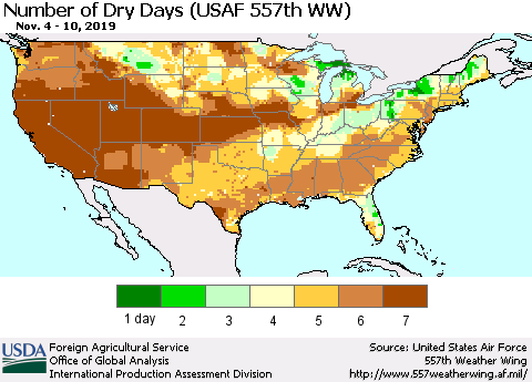United States Number of Dry Days (USAF 557th WW) Thematic Map For 11/4/2019 - 11/10/2019