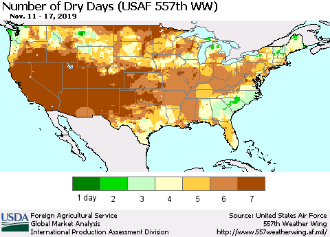 United States Number of Dry Days (USAF 557th WW) Thematic Map For 11/11/2019 - 11/17/2019