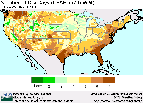 United States Number of Dry Days (USAF 557th WW) Thematic Map For 11/25/2019 - 12/1/2019