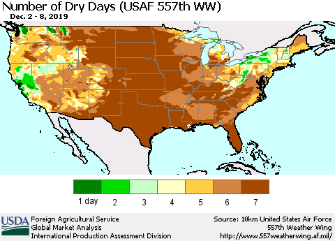 United States Number of Dry Days (USAF 557th WW) Thematic Map For 12/2/2019 - 12/8/2019